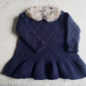 Tahari Baby Navy Sweater Dress w/Fur Collar Sz. 6-9 Months Portraits/Party